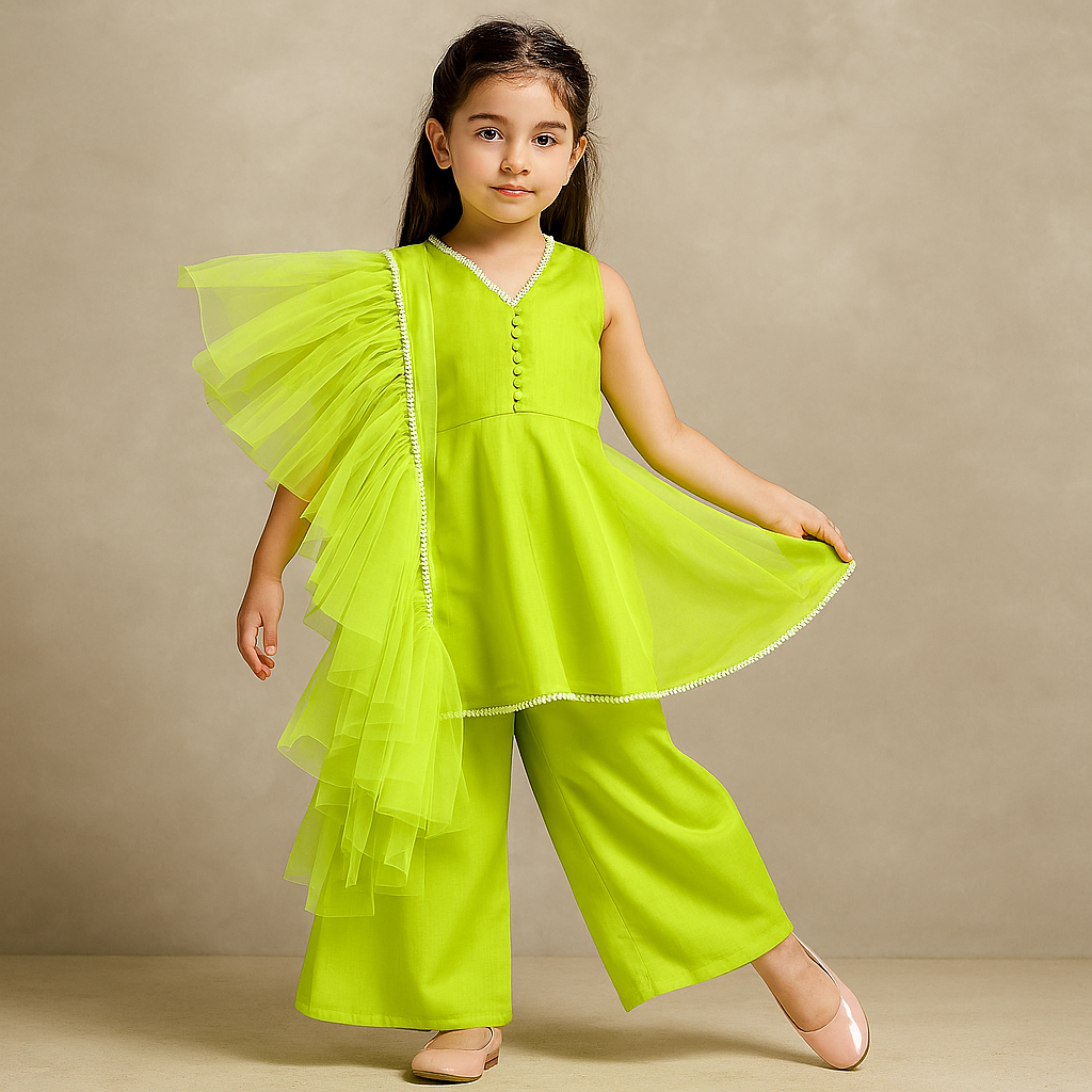 Pre Order: Neon Kurti And Palazzo With Net Dupatta