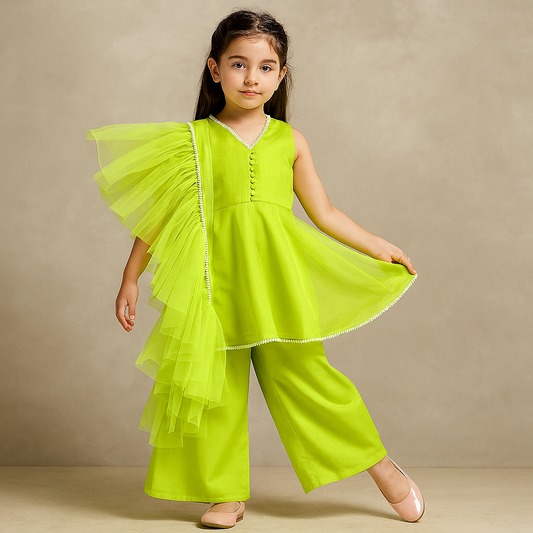 Pre Order: Neon Kurti And Palazzo With Net Dupatta