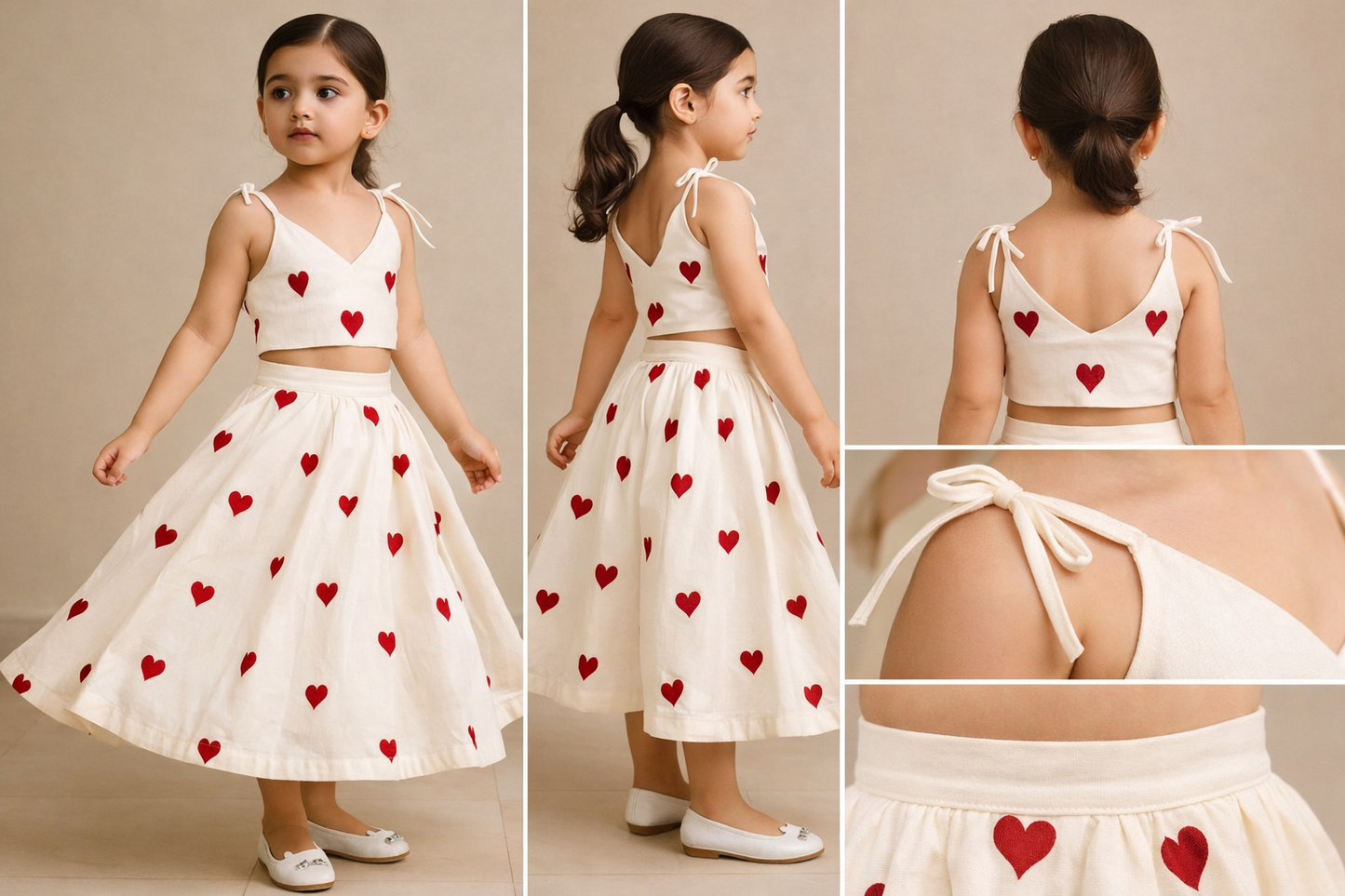 Pre Order: Hearts Embroidered Stylish Tie Knot Strap Top And Lehenga
