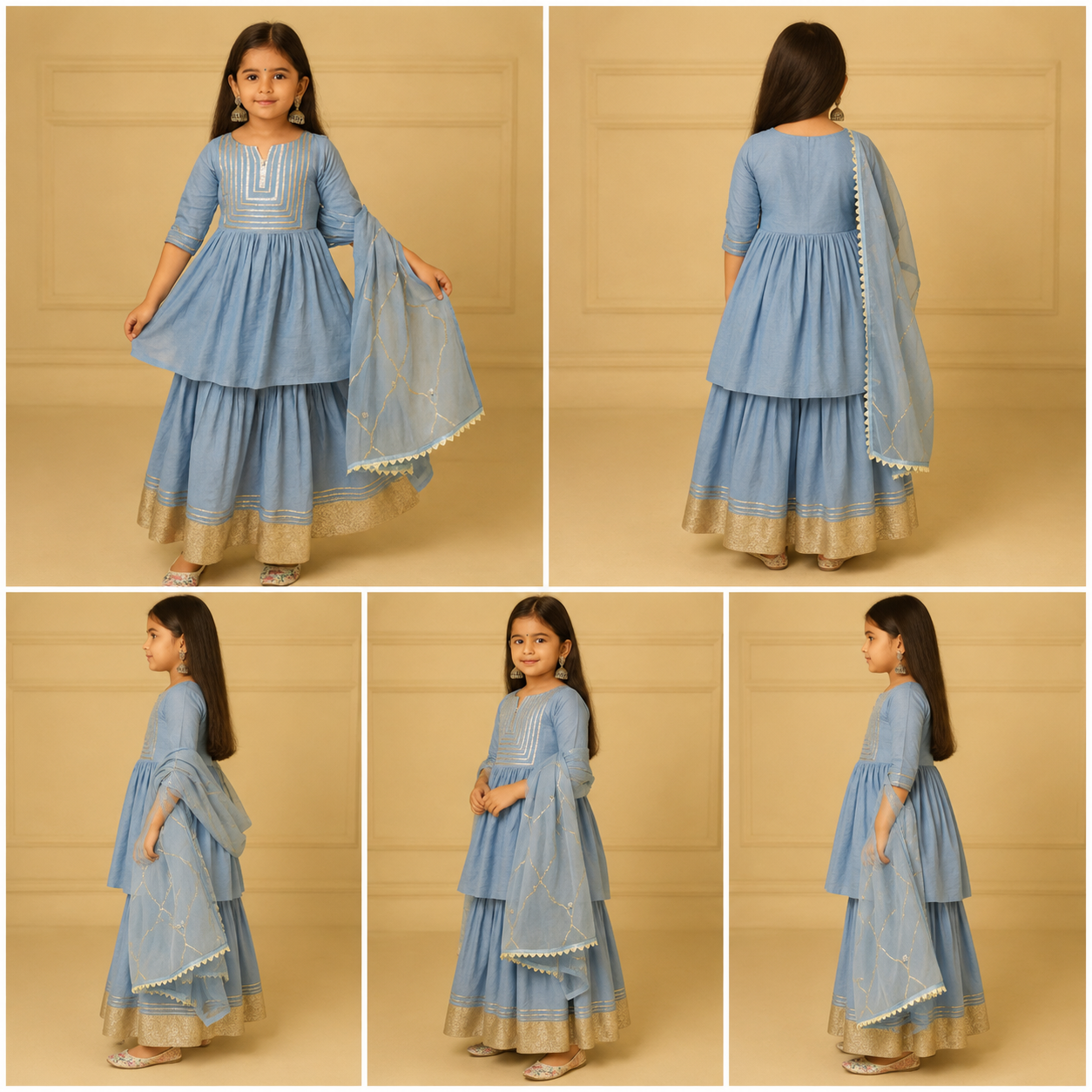 Pre Order: Gray Gota Kurti Detailing With Sharara Set