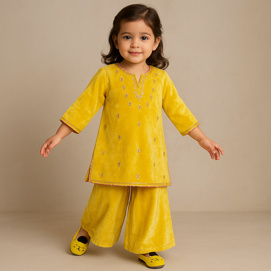 Pre Order: Yellow Velvet Kurti And Palazzo