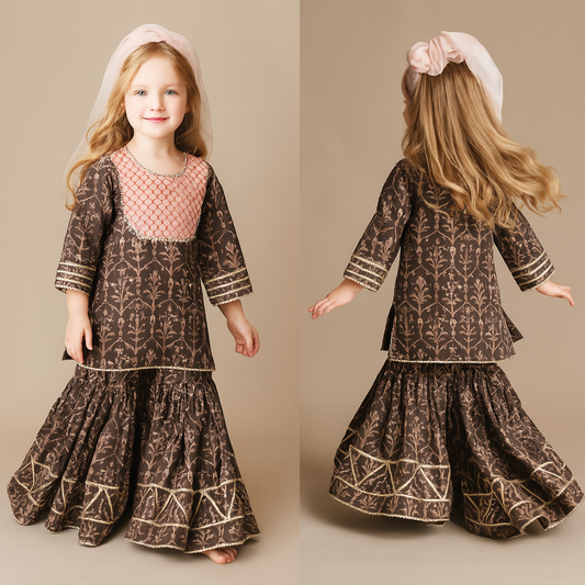 Pre Order: Printed Gota Lacework Detailing Brown Kurti And Sharara With Net Dupatta