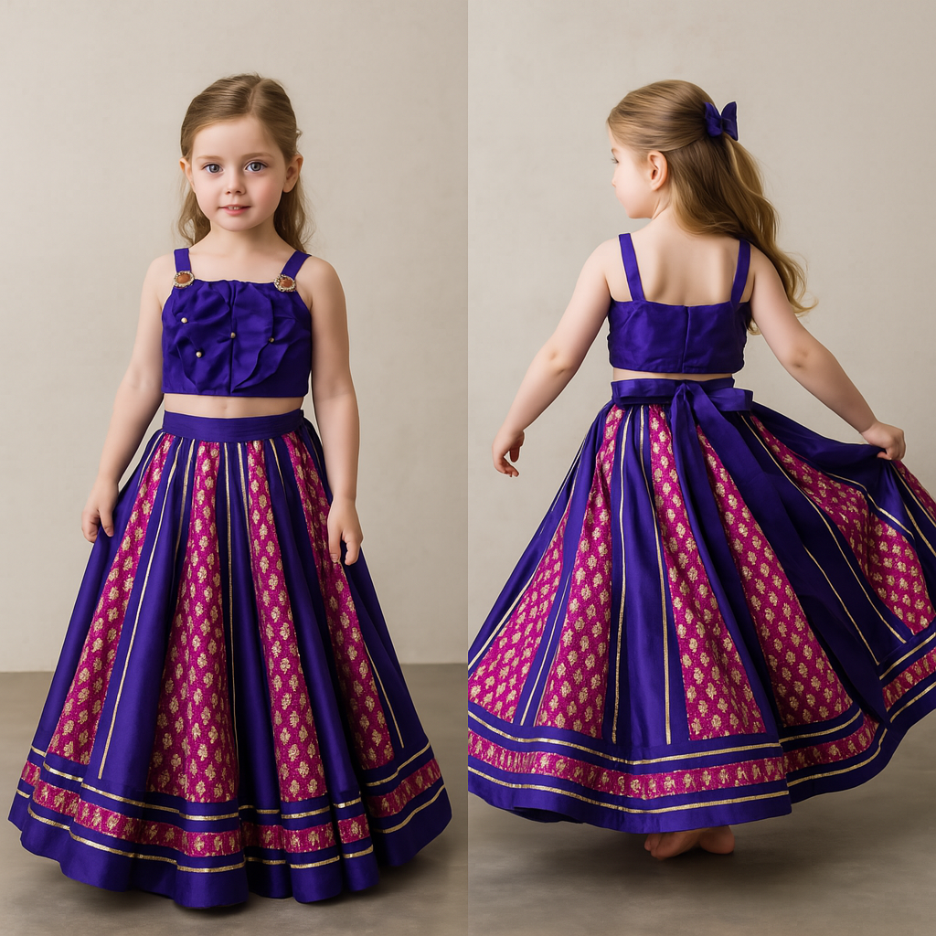 Pre Order: Puffy Gathered Yoke Purple Top And Lehenga