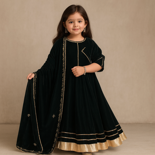 Pre Order: Bottle Green Velvet Embroidered Dupatta Suit Set