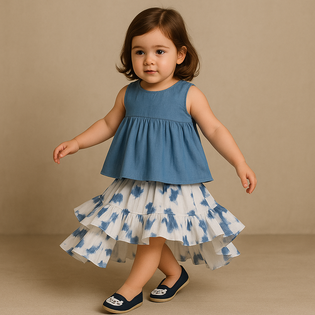Pre Order: Dual Back Knot Detail Blue Top With High Low Tie And Dye Skirt