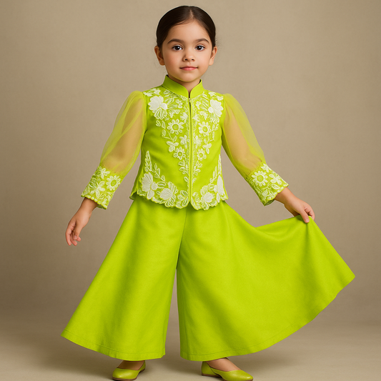 Pre Order: Front Open Embroidered Neon Top And Palazzo