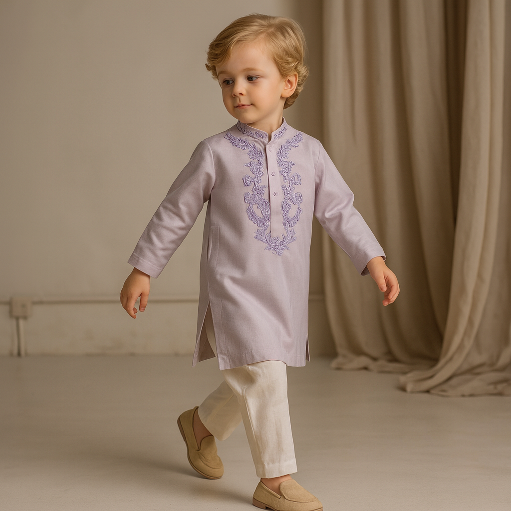 Pre Order: Embroidered Collar and Placket Lilac Kurta With Churidar