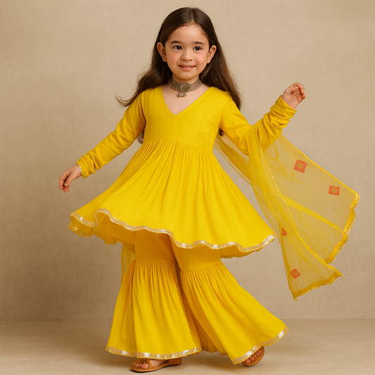 Pre Order: Yellow Kurti And Sharara Set