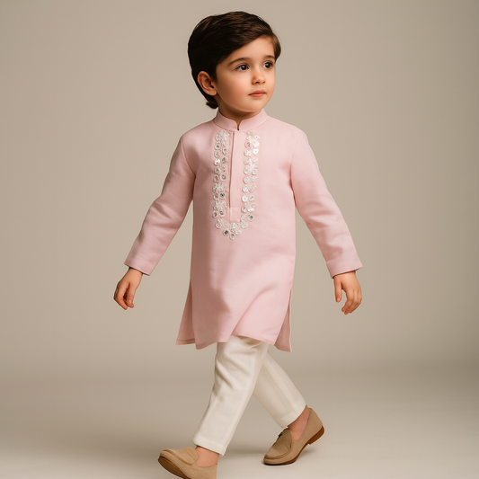 Pre Order: Faux Mirror Work Pink Kurta And Pyjama