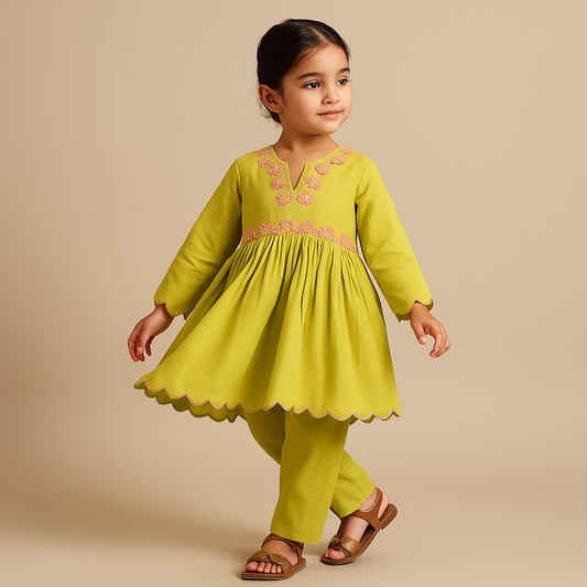 Pre Order: Embroidered Yoke V Neck Scalloped Green Kurti And Pant