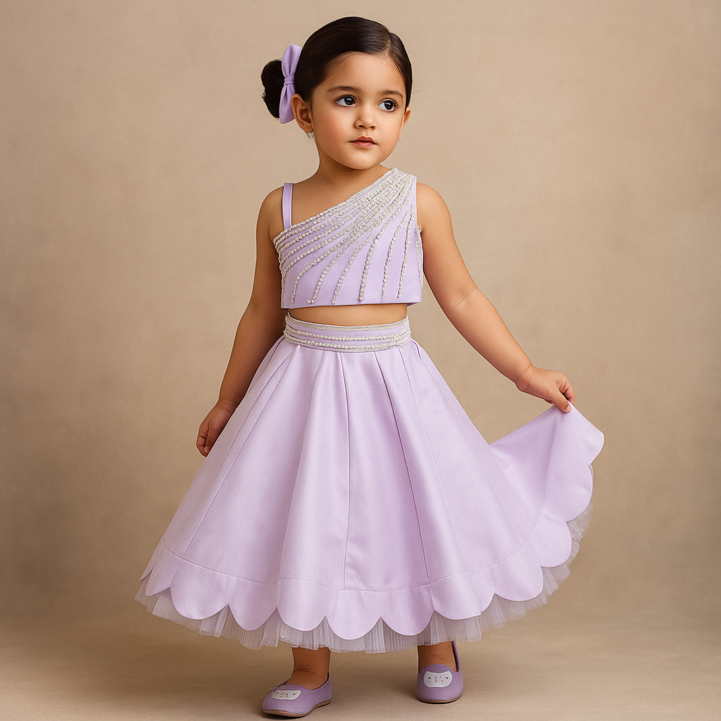Pre Order: One Shoulder Lilac Drape Top And Scalloped Hem Lehenga