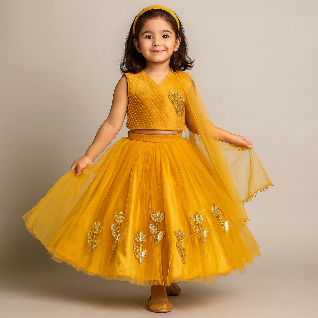 RTD Pre Order: Sequins Embroidered Pleat Detailed Top With Tulle Lehenga And Dupatta