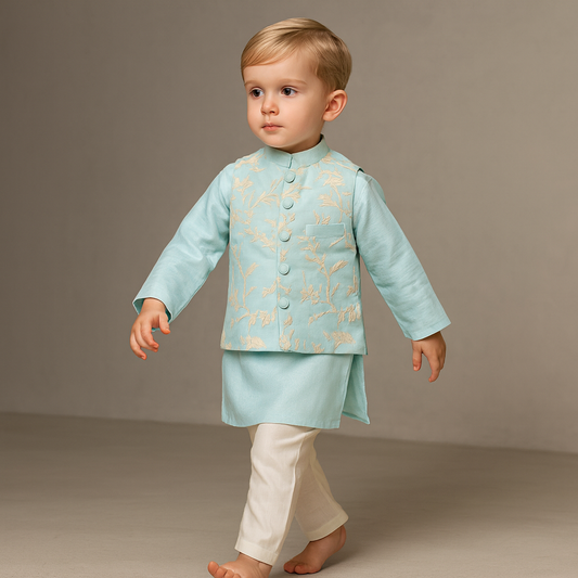 Pre Order: Blue Kurta With Pocket Detail Embroidered Jacket And Pyjama