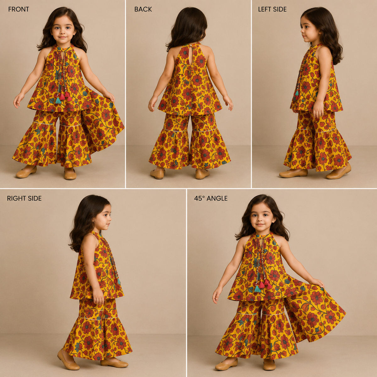 Pre Order: Dangling Strings Tassels Neckline Multicolour Printed Top And Sharara