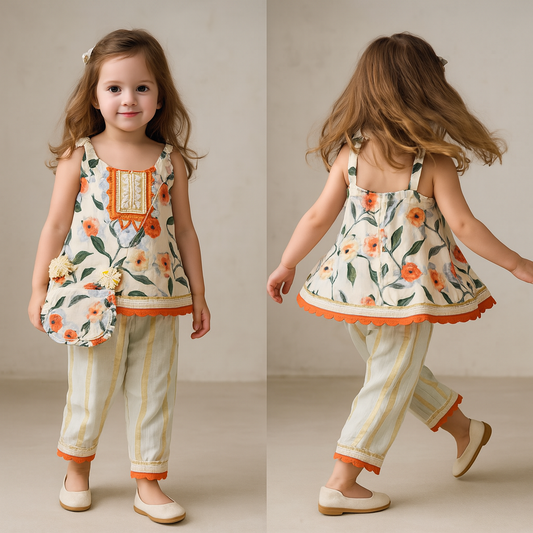 Pre Order: Flower Printed Tie Up Strap Kurti And Pant