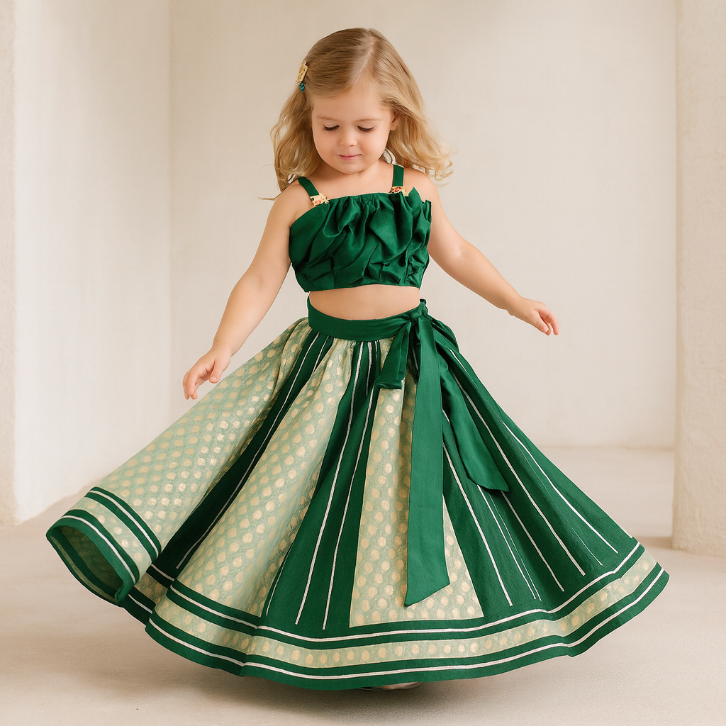 Pre Order: Puffy Gathered Yoke Green Top And Lehenga