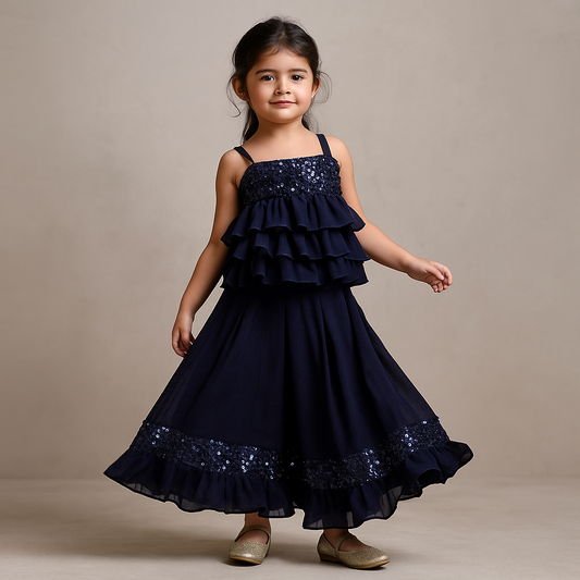 Pre Order: Elegant Sequins Embroidered Stylish Ruffled Frilly Top And Box Pleated Palazzo