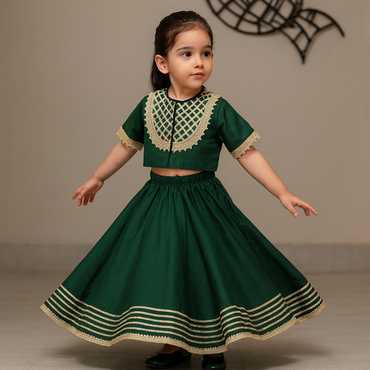 Pre Order: Round Neck Front Open Green Top And Gota Lace Detailed Lehenga With Fringed Yellow Dupatta