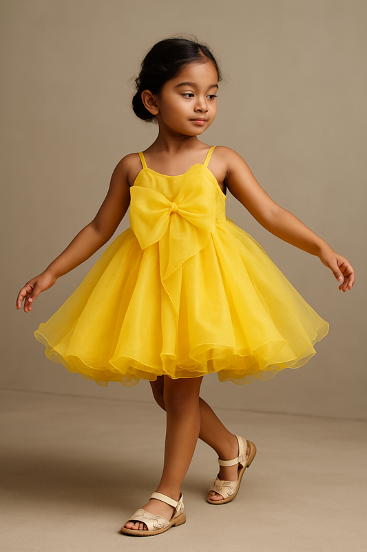 Pre Order: Exclusive Spaghetti Straps Sleeveless Organza Yellow Dress