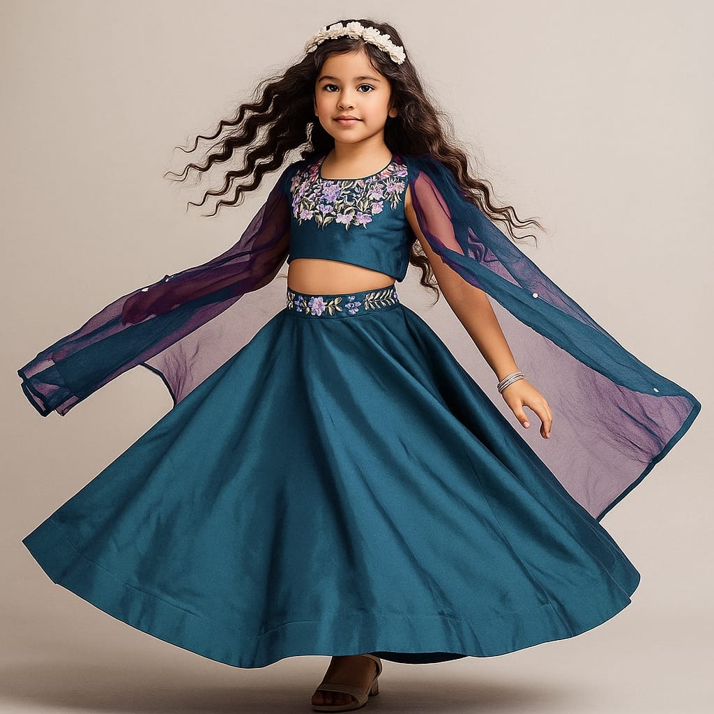 Pre Order :Thread Embroidery Blouse With Cape N Lehenga