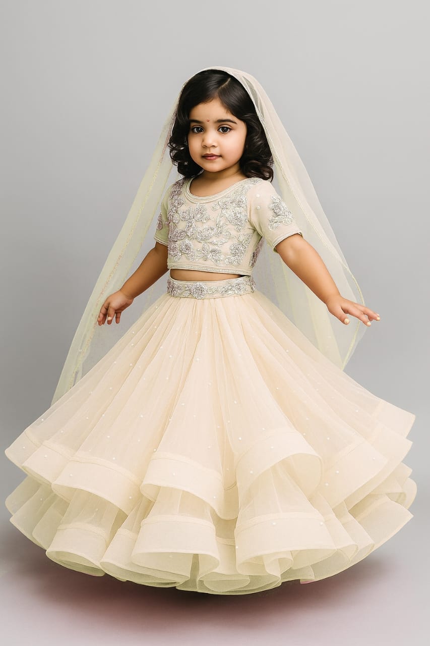 Pre Order: Embroidered Crop Top And Net Layered Lehenga