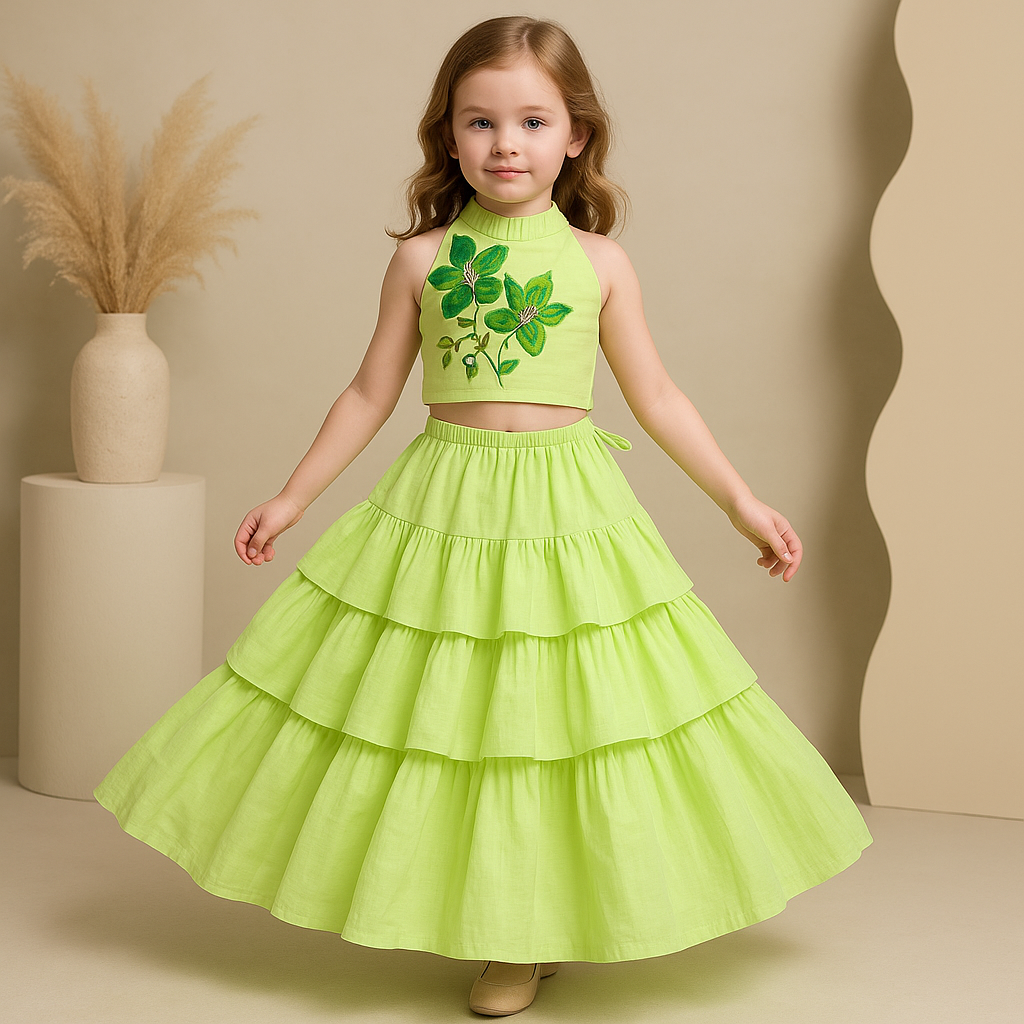 Pre Order: Floral Thread Embroidered Pleated Neck Top With Ruffle Layered Lehenga