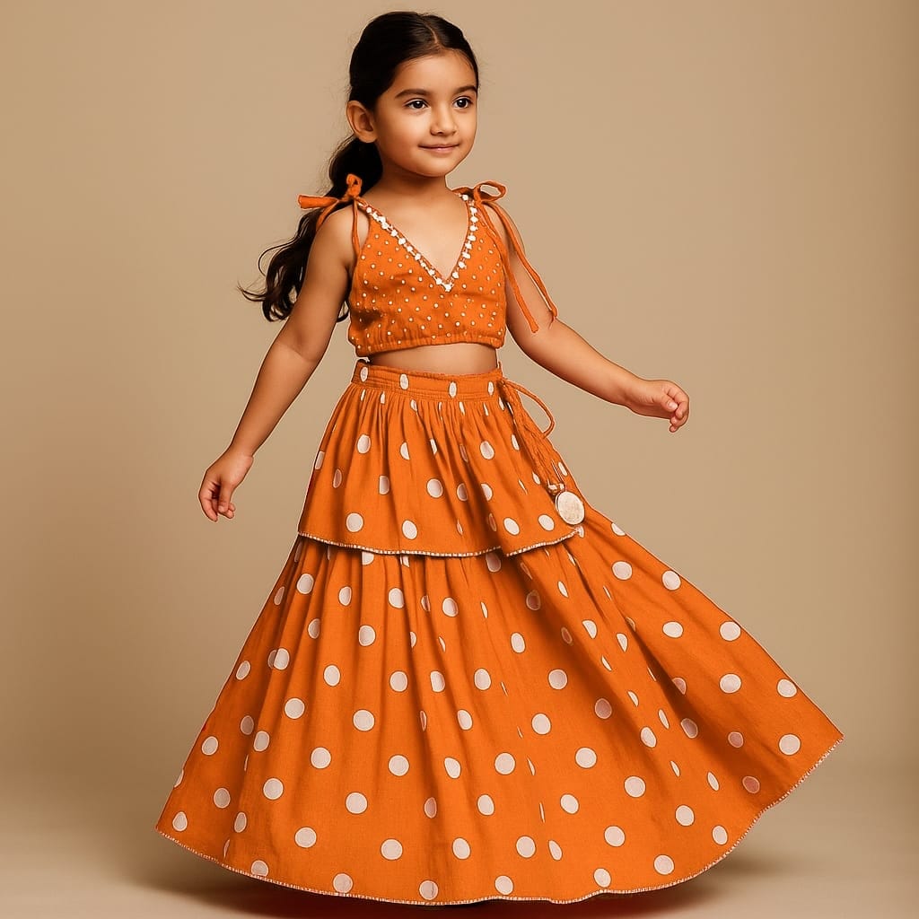 Pre Order: Dot Printed Tie Up Strap Top And Layered Lehenga