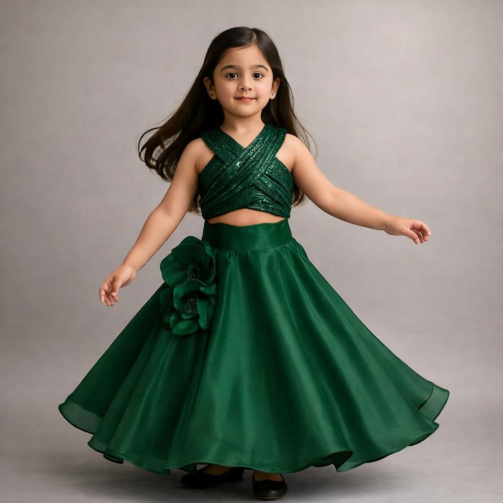 Pre Order: Sequin Embellished Halter Neck Top With Stiff Belt And Lehenga