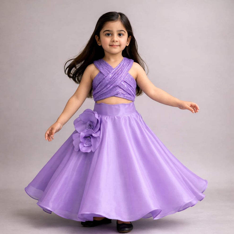 Pre Order: Sequin Embellished Halter Neck Top With Stiff Belt And Lehenga