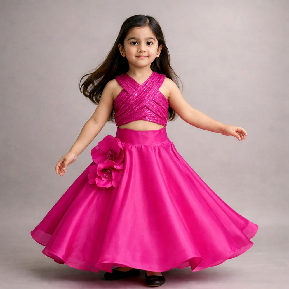 Pre Order: Sequin Embellished Halter Neck Top With Stiff Belt And Lehenga