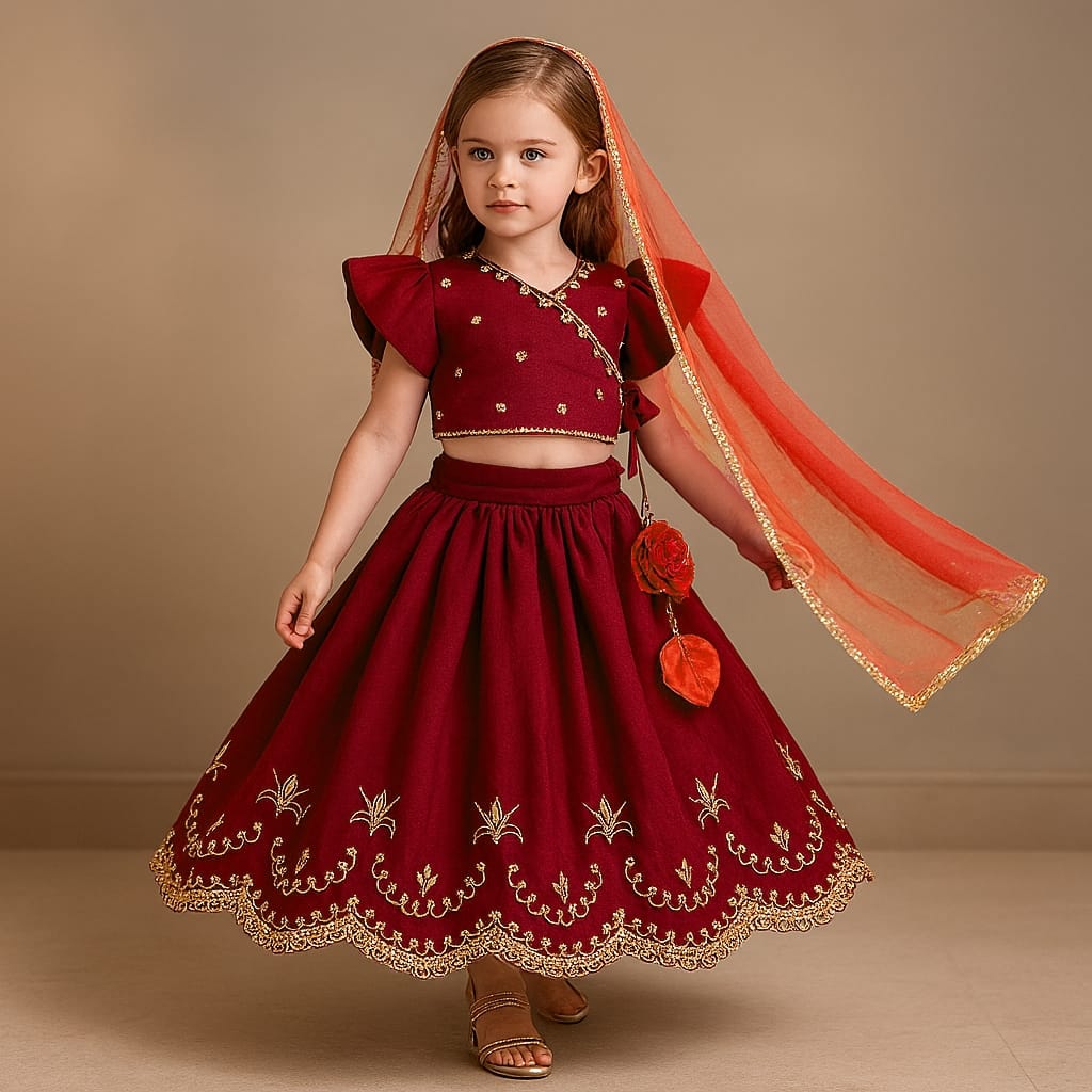Pre Order: Embroidered Front Overlap Top With Lehenga And Dupatta