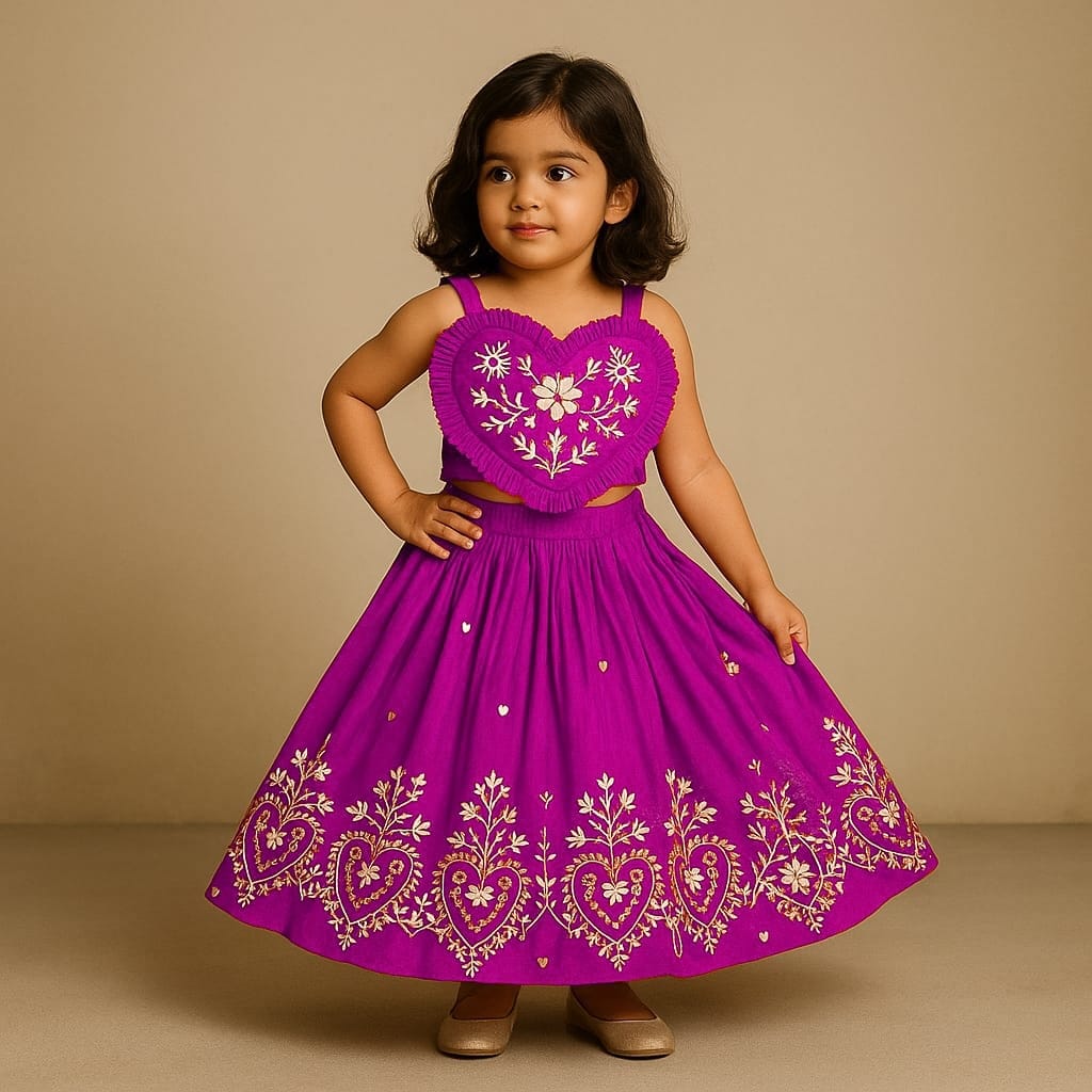 Pre Order: Embroidered Heart Shaped Stylish Top And Lehenga