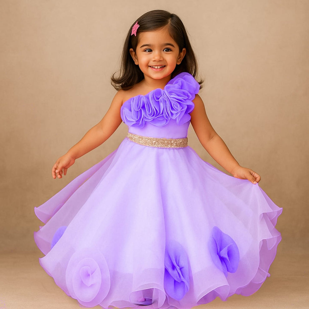Organza One Shoulder Top And Flower Adorned Flared Lehenga
