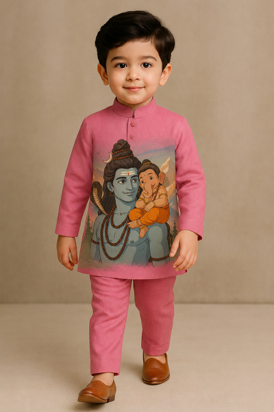 Pre Order : Pink Shiv And Ganesha Kurta Set