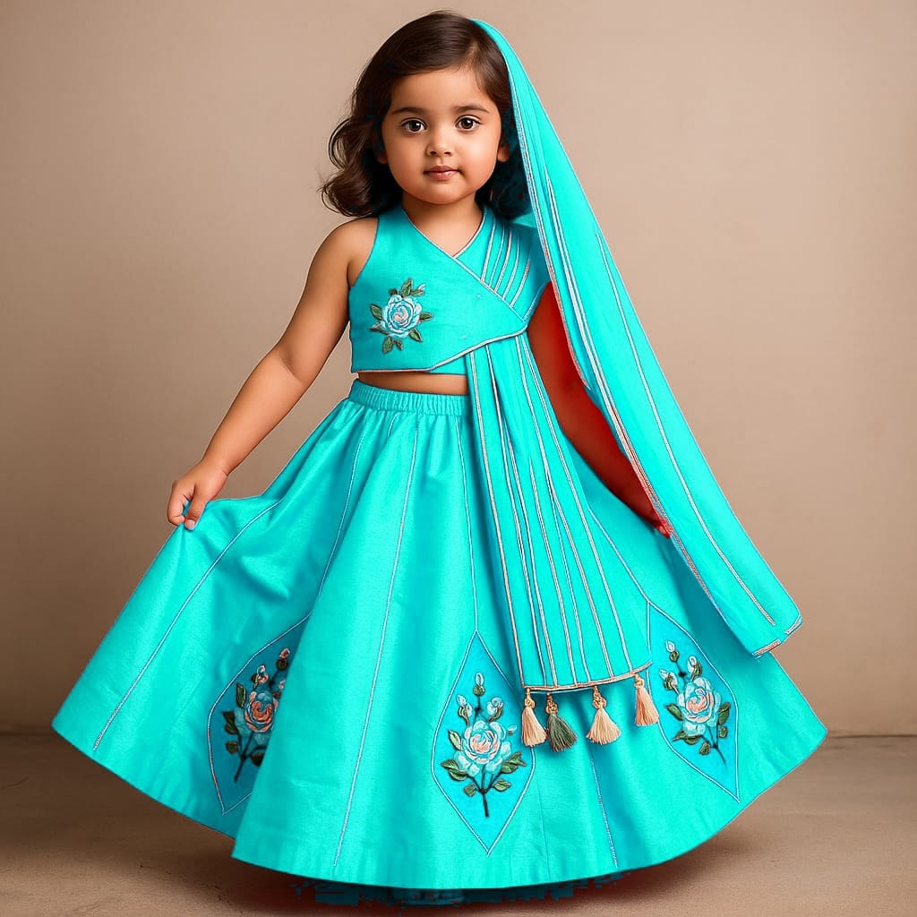 Pre Order:Floral Embroidered Top With Attached Pleated Dupatta And Lehenga