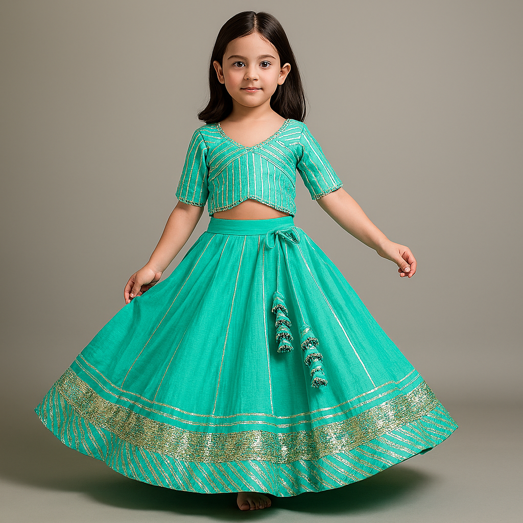 Pre Order: Gota Lace Detail Top And Lehenga With Net Dupatta