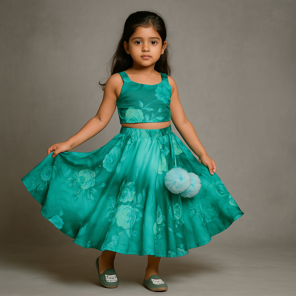 Pre Order: Vibrant Floral Printed  Stylish Crop Top And Lehenga