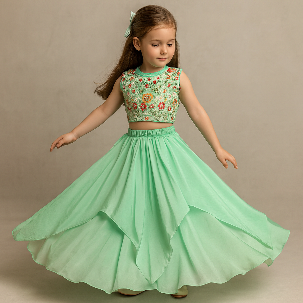 Pre Order: Beautiful Floral Embroidered Top With Asymmetrically Layered Lehenga