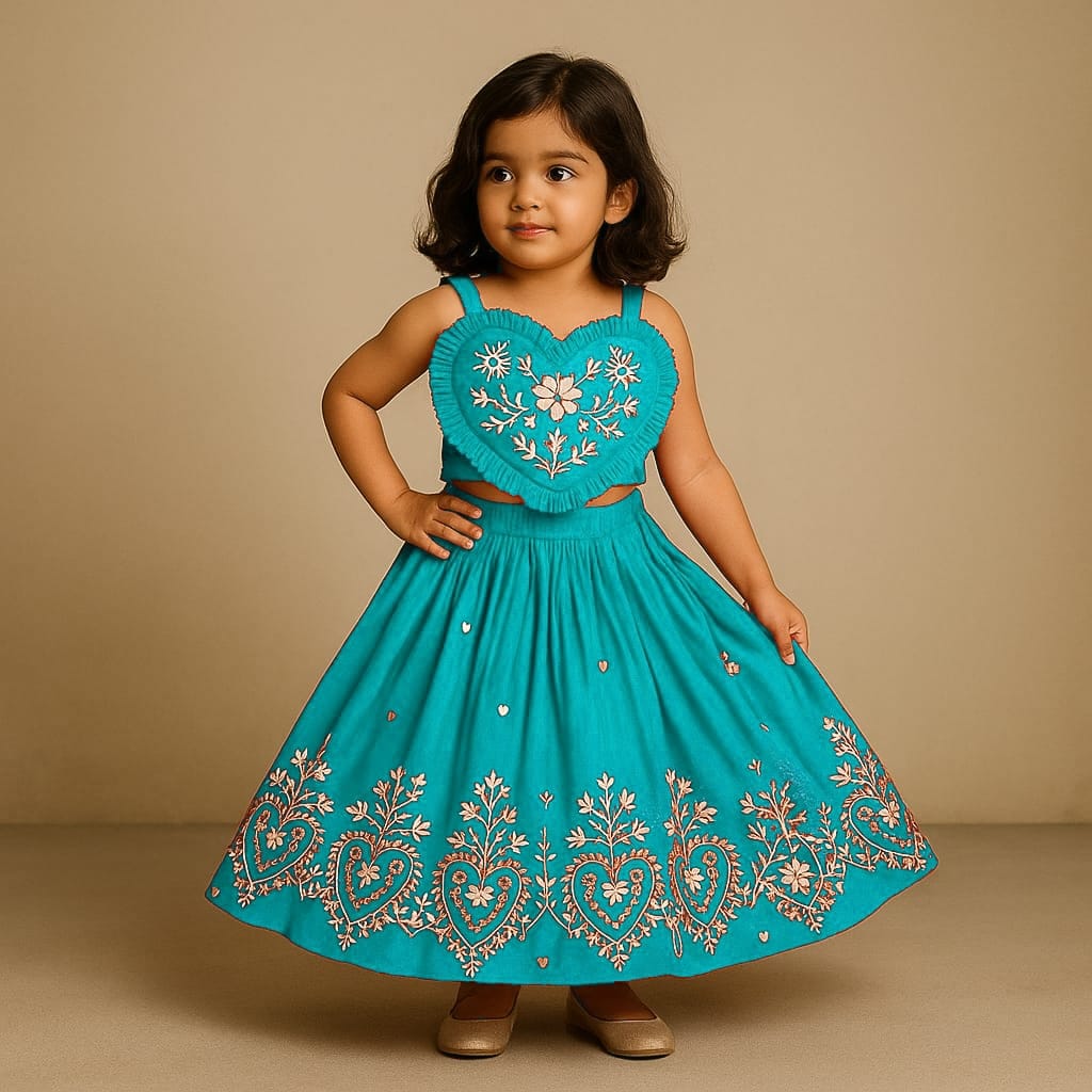 Pre Order: Embroidered Heart Shaped Stylish Top And Lehenga