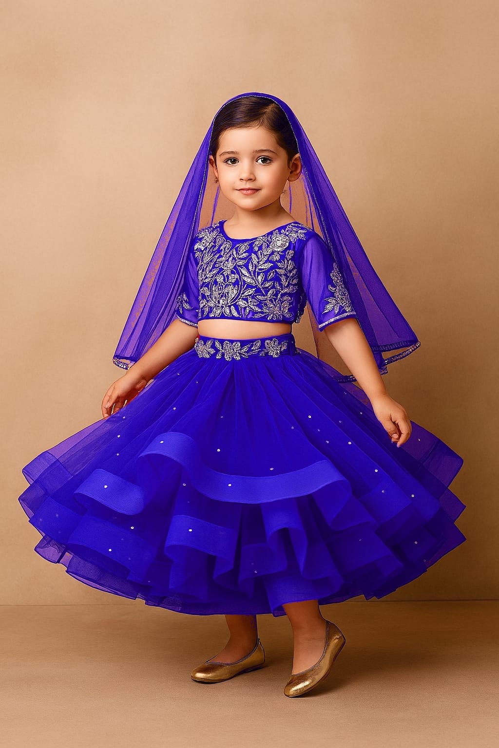 Pre Order: Embroidered Crop Top And Net Layered Lehenga