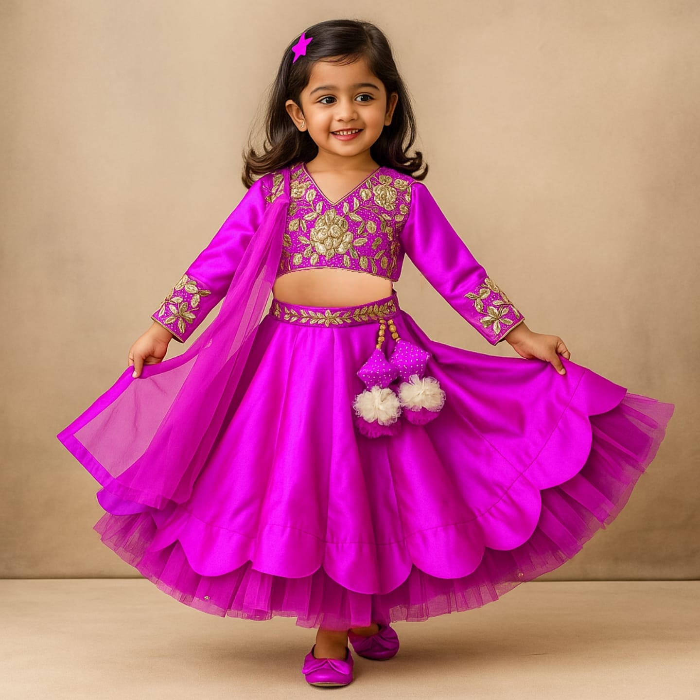Pre Order: V Neck Floral Embroidered Top And Scalloped Hem Lehenga With Net Dupatta