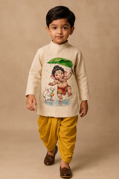 Pre Order: Off White Dancing Ganesha Kurta With Yellow Dhoti