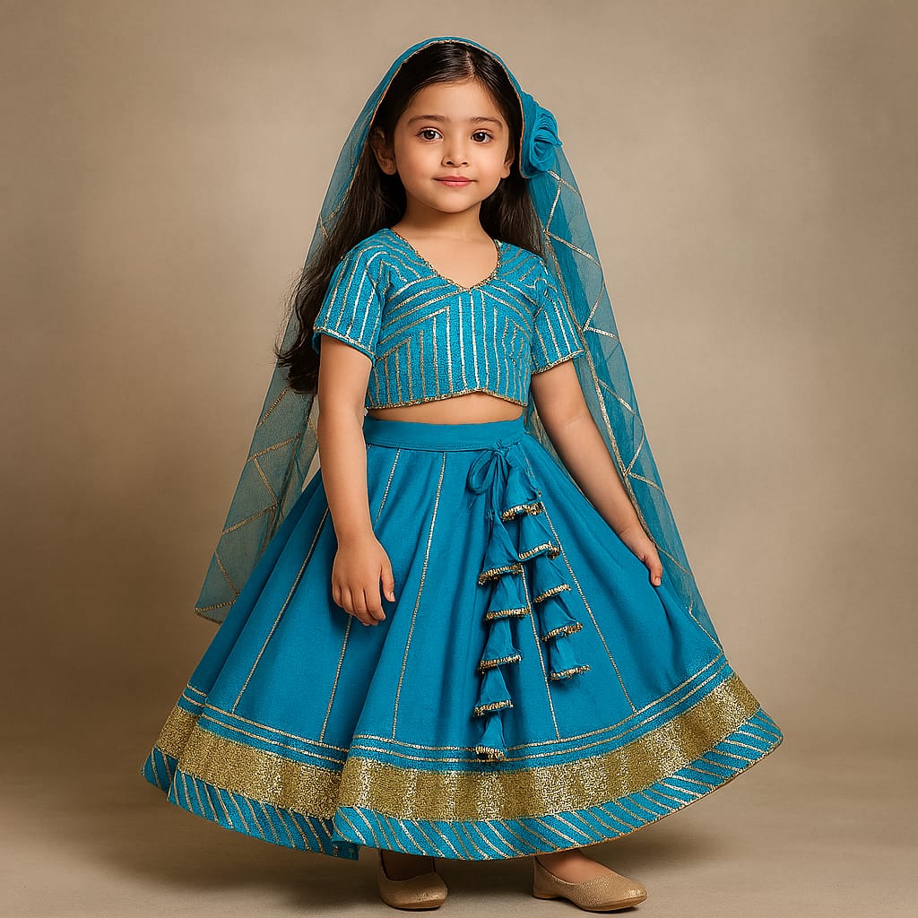 Pre Order: Gota Lace Detail Top And Lehenga With Net Dupatta