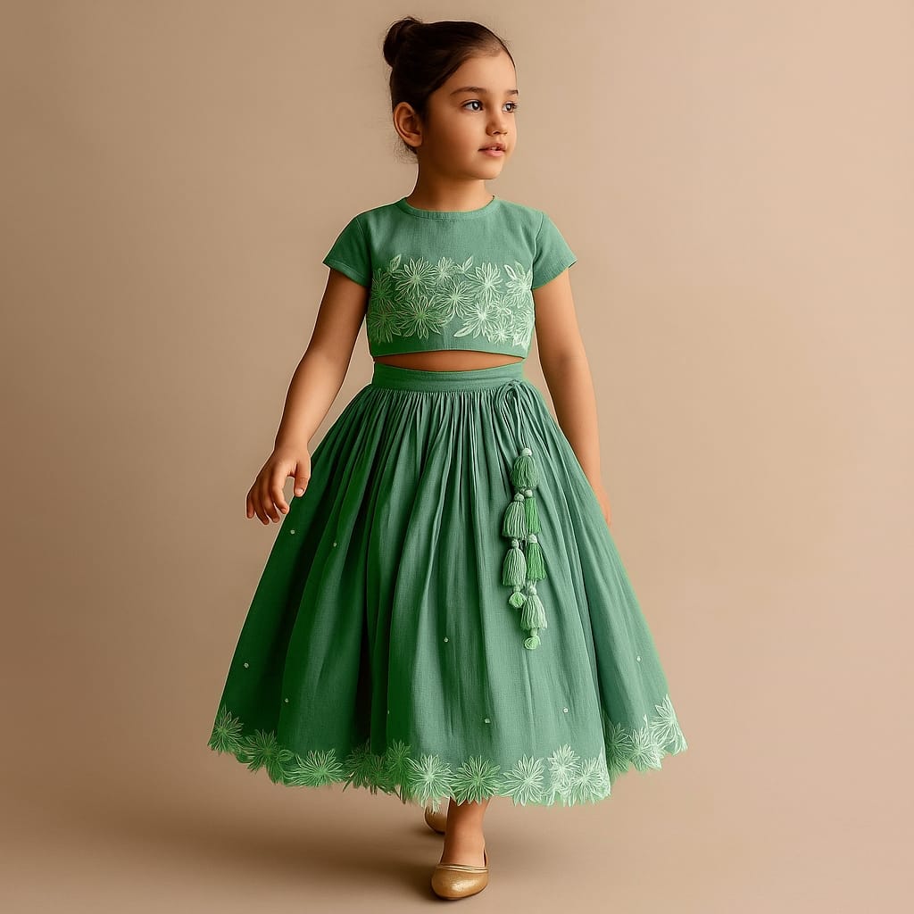 Pre Order: Pleated Neckline Top And Fringes Tassels Enhanced Lehenga