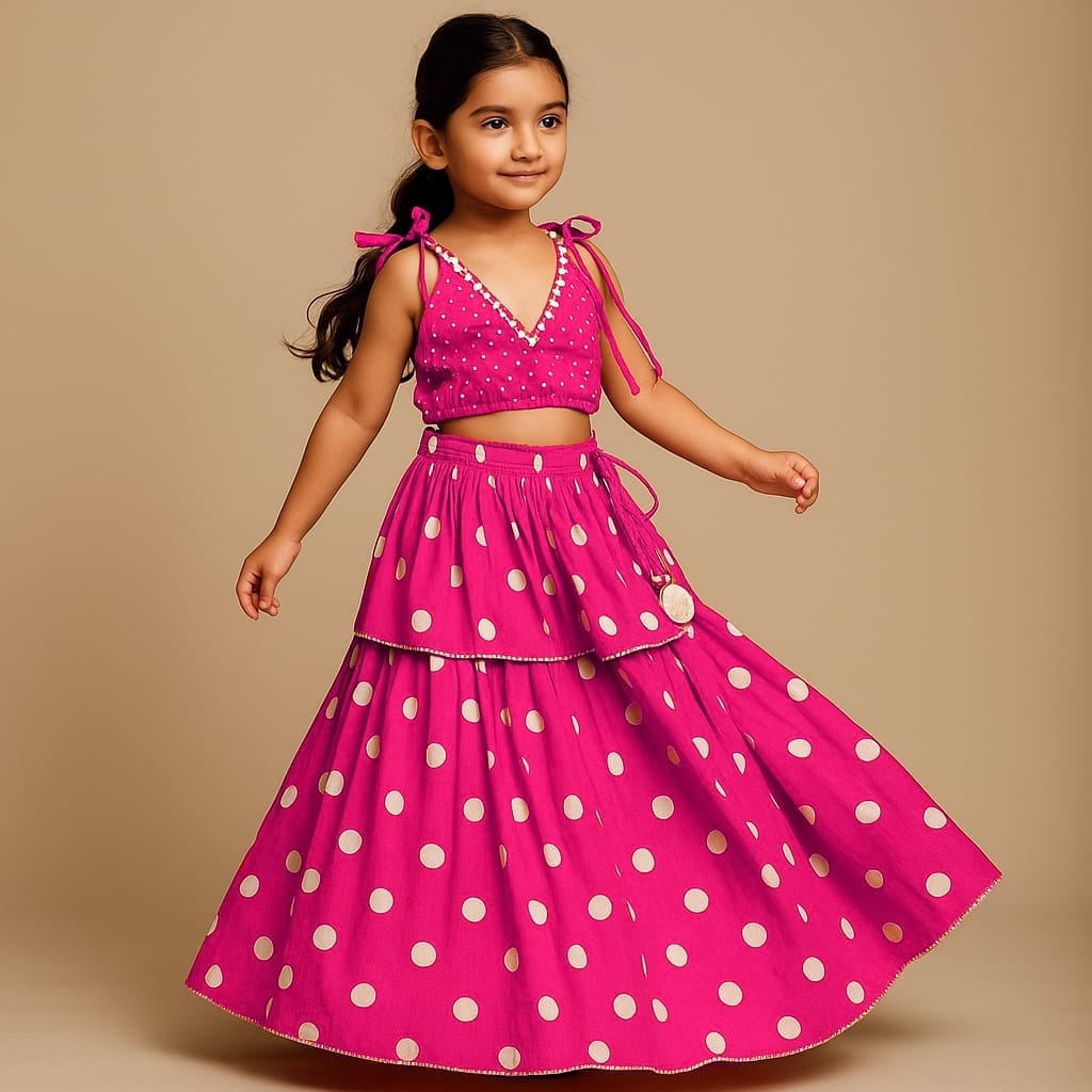 Pre Order: Dot Printed Tie Up Strap Top And Layered Lehenga