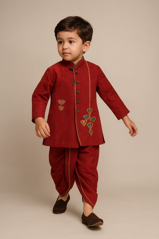 Pre Order: Side Knot Detail Red Poplin Kurta And Dhoti