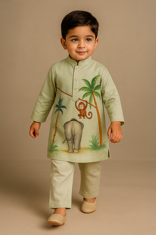 Pre Order: Green Jungle Hand Painted Kurta Set