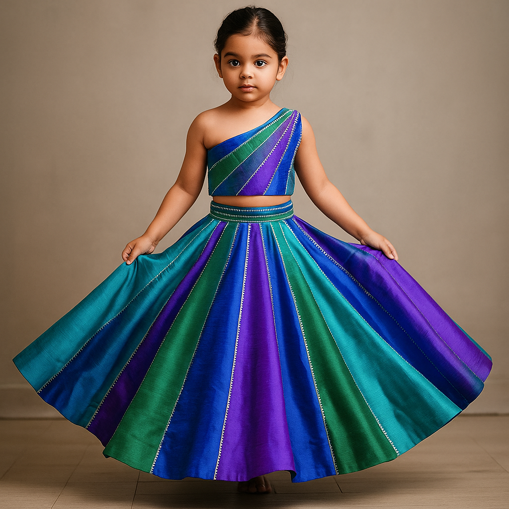 Pre Order: Multicoloured Colour Blocked Top With Lehenga And Dupatta