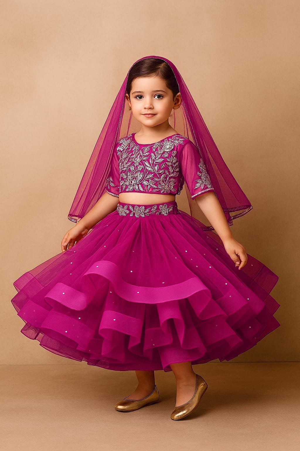 Pre Order: Embroidered Crop Top And Net Layered Lehenga