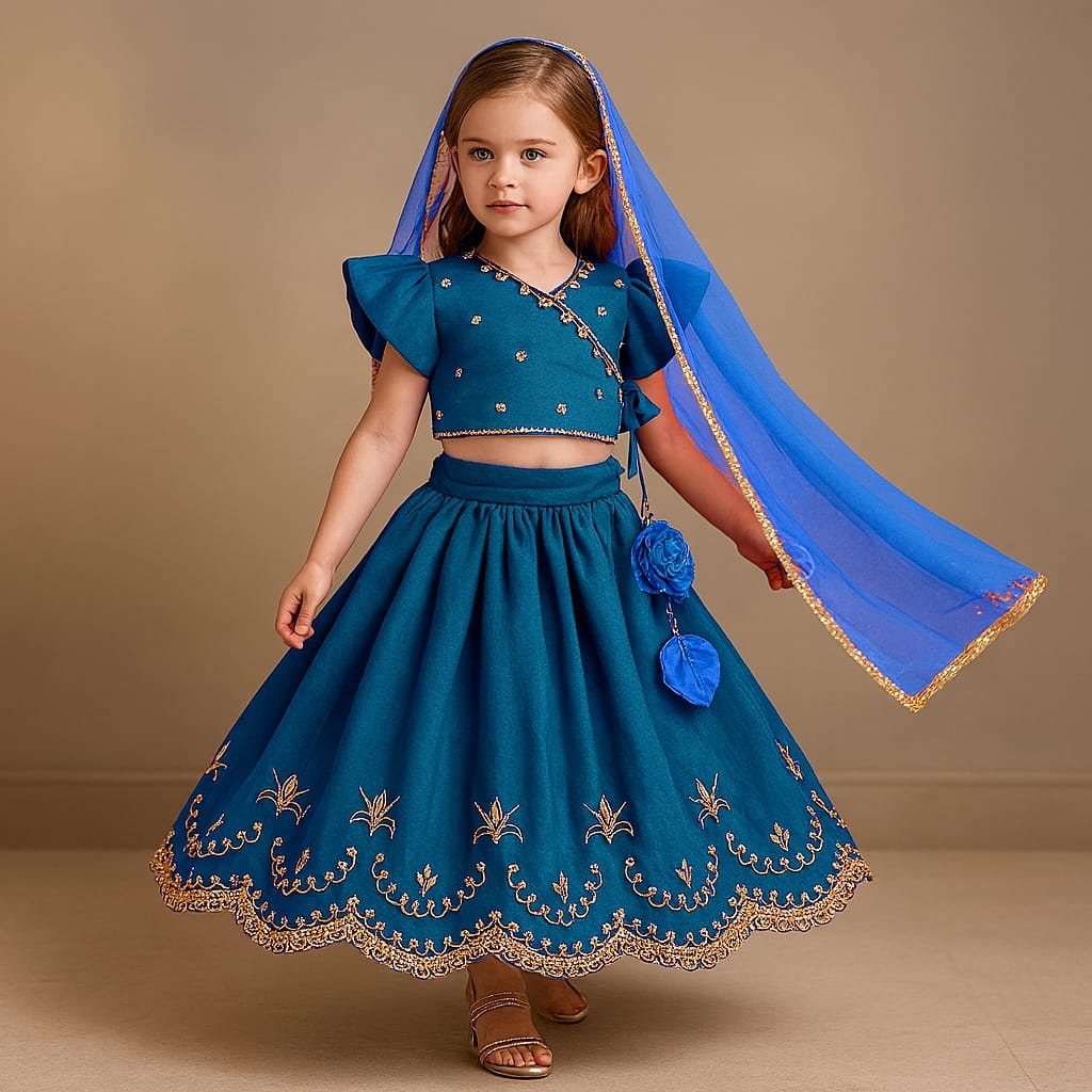 Pre Order: Embroidered Front Overlap Top With Lehenga And Dupatta